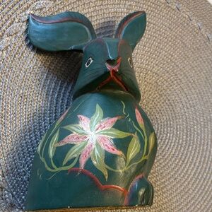 Hand Painted Wooden Bunny Folk Art Rabbit Green Floral Decor